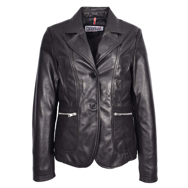 house of leather Womens Real Leather Two Button Blazer Jacket Gracie Black