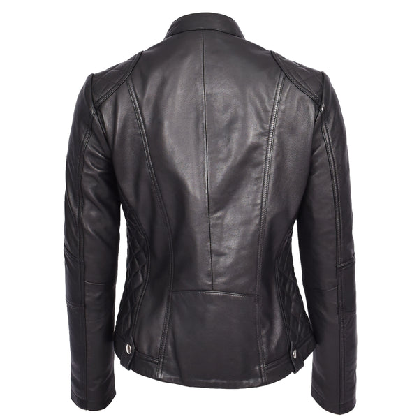 House Of Leather Womens Soft Black Leather Biker Jacket Fitted Quilted Casual Cafe Racer Style Zip Fasten Fiona