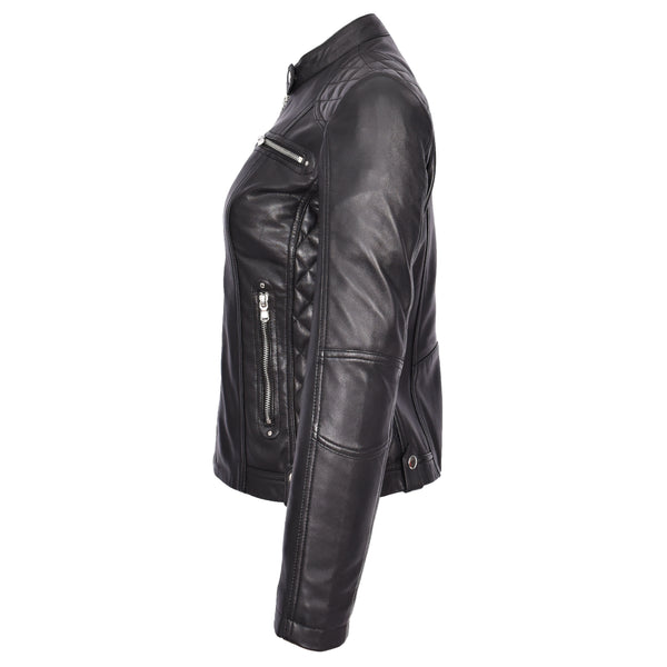 House Of Leather Womens Soft Black Leather Biker Jacket Fitted Quilted Casual Cafe Racer Style Zip Fasten Fiona