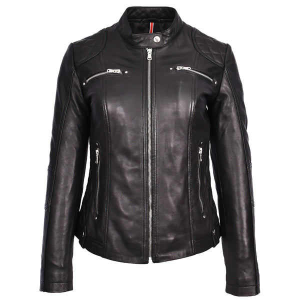 House Of Leather Womens Soft Black Leather Biker Jacket Fitted Quilted Casual Cafe Racer Style Zip Fasten Fiona