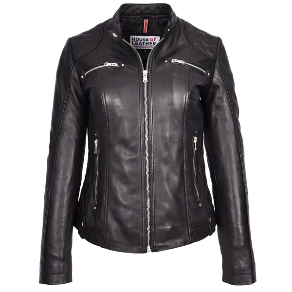 house of leather Womens Soft Black Leather Biker Jacket Fitted Quilted Casual Cafe Racer Style Zip Fasten Fiona