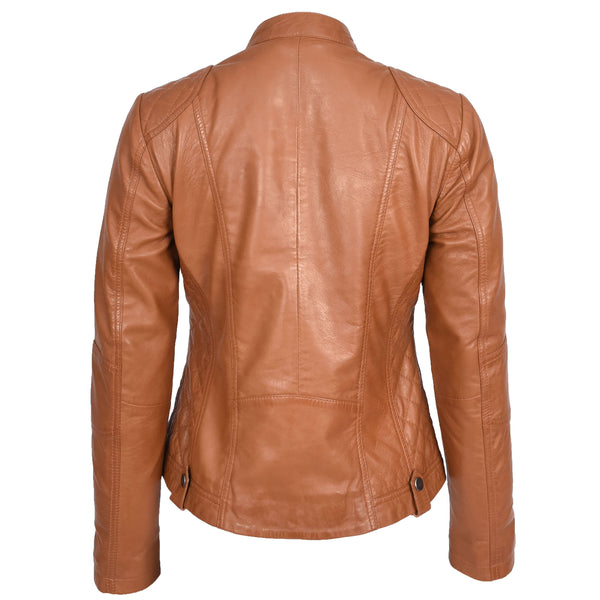 House Of Leather Womens Soft Tan Leather Biker Jacket Fitted Quilted Casual Cafe Racer Style Zip Fasten Fiona