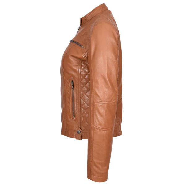 House Of Leather Womens Soft Tan Leather Biker Jacket Fitted Quilted Casual Cafe Racer Style Zip Fasten Fiona