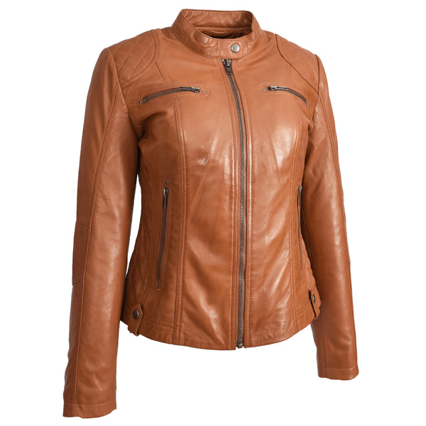 House Of Leather Womens Soft Tan Leather Biker Jacket Fitted Quilted Casual Cafe Racer Style Zip Fasten Fiona