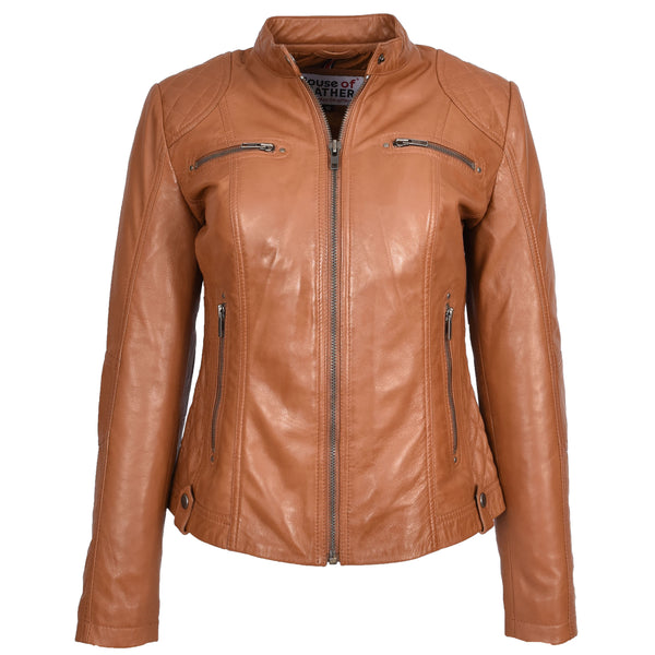 house of leather Womens Soft Tan Leather Biker Jacket Fitted Quilted Casual Cafe Racer Style Zip Fasten Fiona