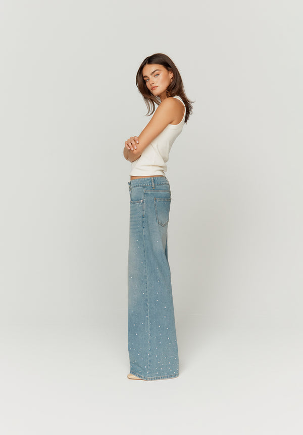 House Of Sunny CRYSTALLISED WIDE LEG DENIM