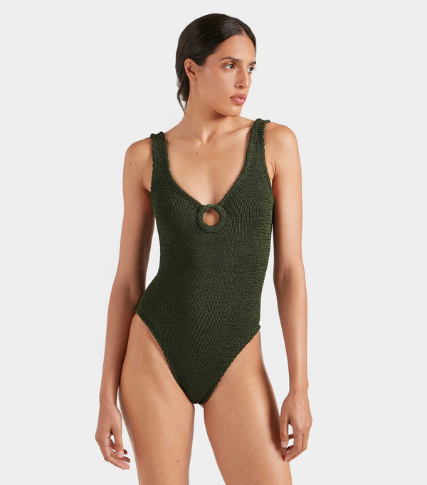 Hunza G Celine Swim With Tonal Hoops Metallic Khaki