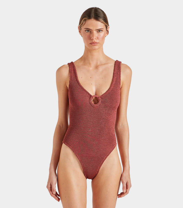 Hunza G Celine Swim With Tonal Hoops Metallic Rosewood