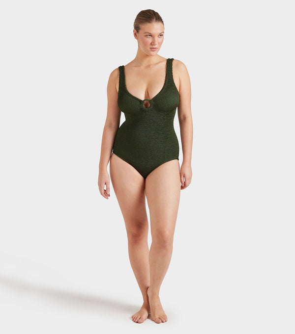 Hunza G Coverage Celine Swim With Tonal Hoops Metallic Khaki