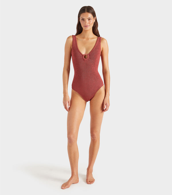 Hunza G Coverage Celine Swim With Tonal Hoops Metallic Rosewood