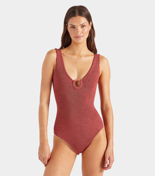 Hunza G Coverage Celine Swim With Tonal Hoops Metallic Rosewood