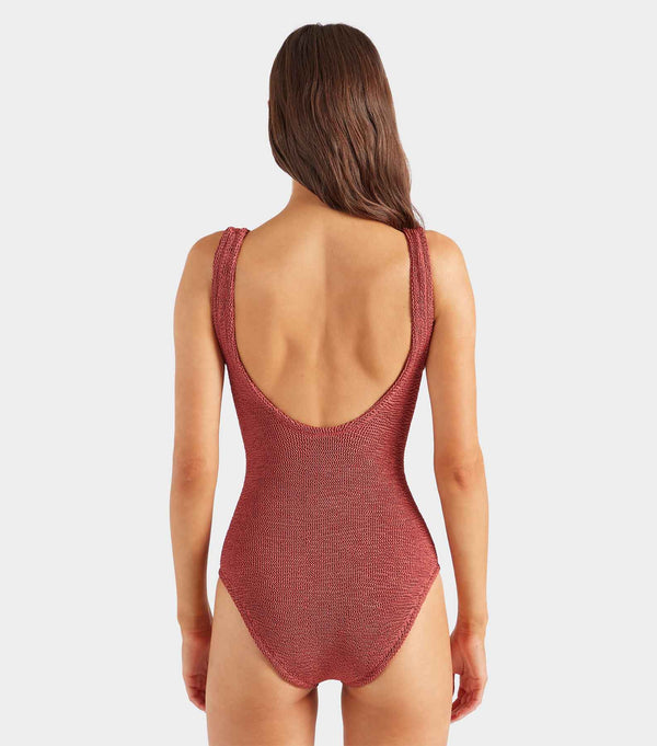 Hunza G Coverage Celine Swim With Tonal Hoops Metallic Rosewood