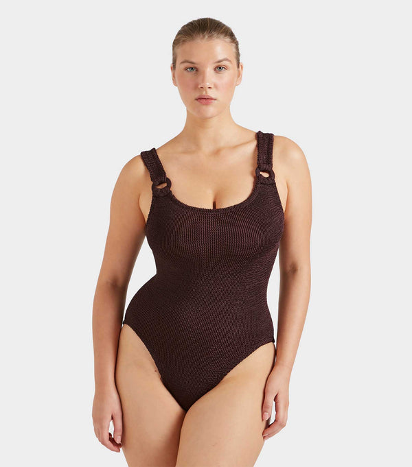 Hunza G Domino Swim With Tonal Hoops Metallic Chocolate