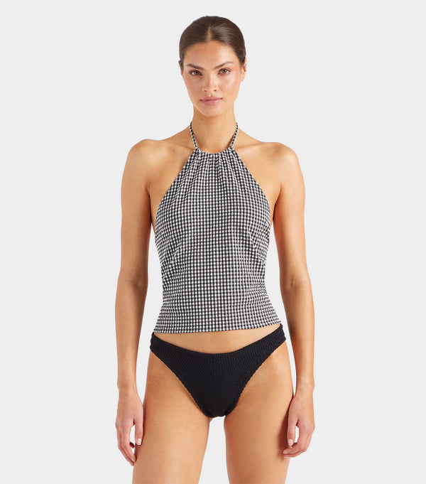 Hunza G Gingham Seersucker Halter Top Black Gingham