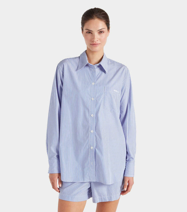 Hunza G Embroidered Oversized Shirt Blue Stripe
