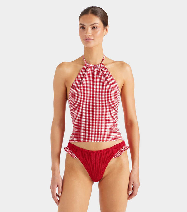 Hunza G Gingham Seersucker Halter Top Red Gingham