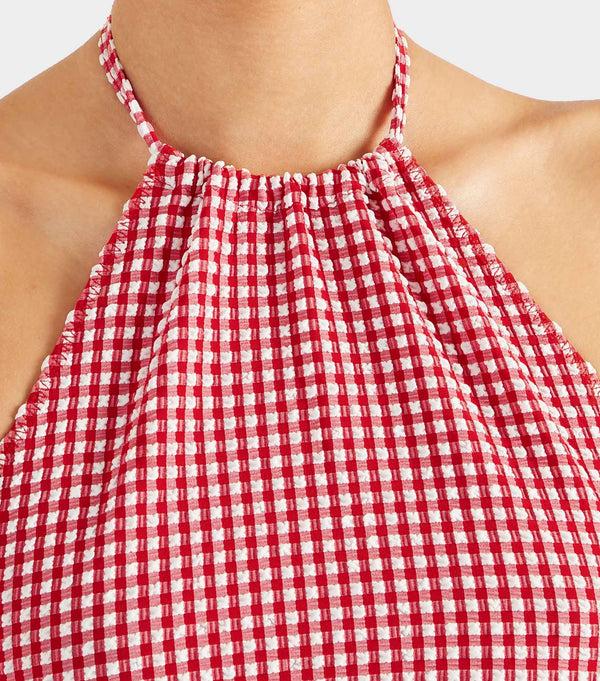 Hunza G Gingham Seersucker Halter Top Red Gingham