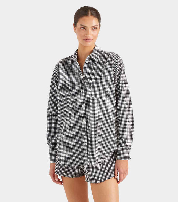 Hunza G Gingham Seersucker Shirt Black Gingham