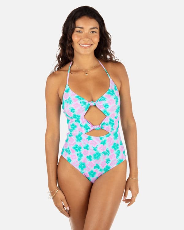 Hurley Lani Floral Cheeky Knot One Piece Teal
