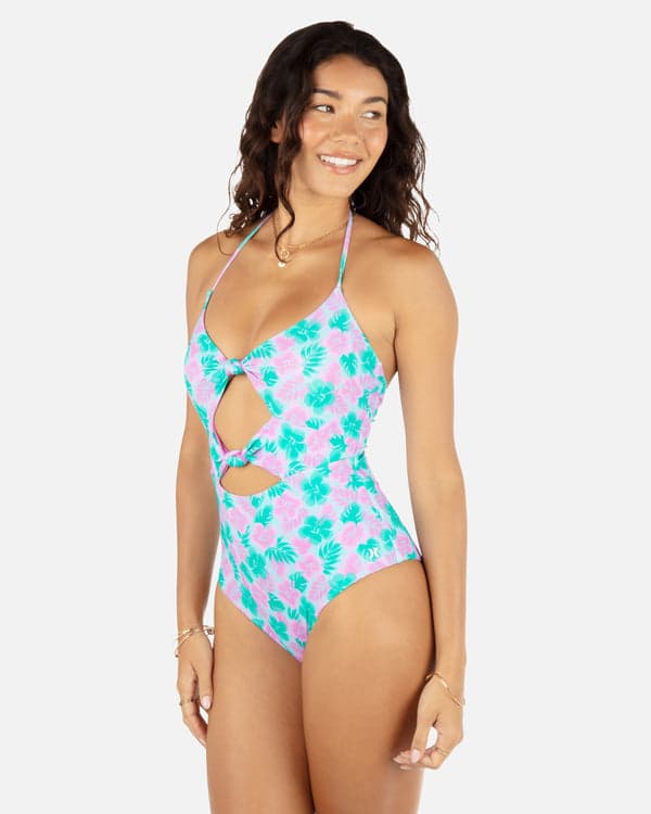 Hurley Lani Floral Cheeky Knot One Piece Teal