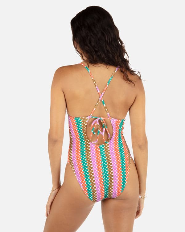 Hurley Printed Stripe Crochet Scrunch Soft Cup Moderate One Piece Orchid