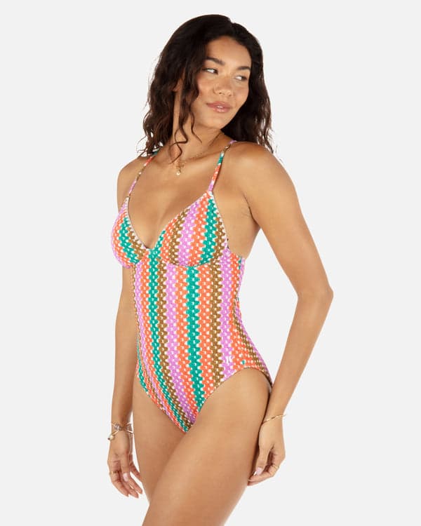 Hurley Printed Stripe Crochet Scrunch Soft Cup Moderate One Piece Orchid