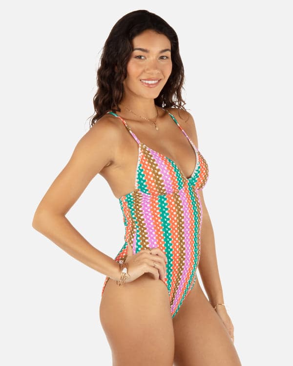 Hurley Printed Stripe Crochet Scrunch Soft Cup Moderate One Piece Orchid