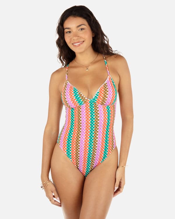 hurley Printed Stripe Crochet Scrunch Soft Cup Moderate One Piece Orchid