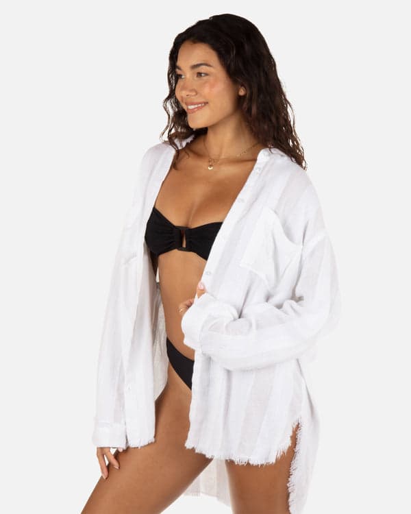 Hurley Solid Stripe Gauze Long Sleeve Button Front Shirt White