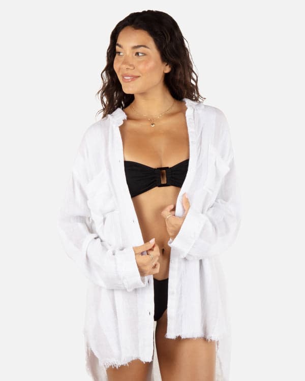 hurley Solid Stripe Gauze Long Sleeve Button Front Shirt White