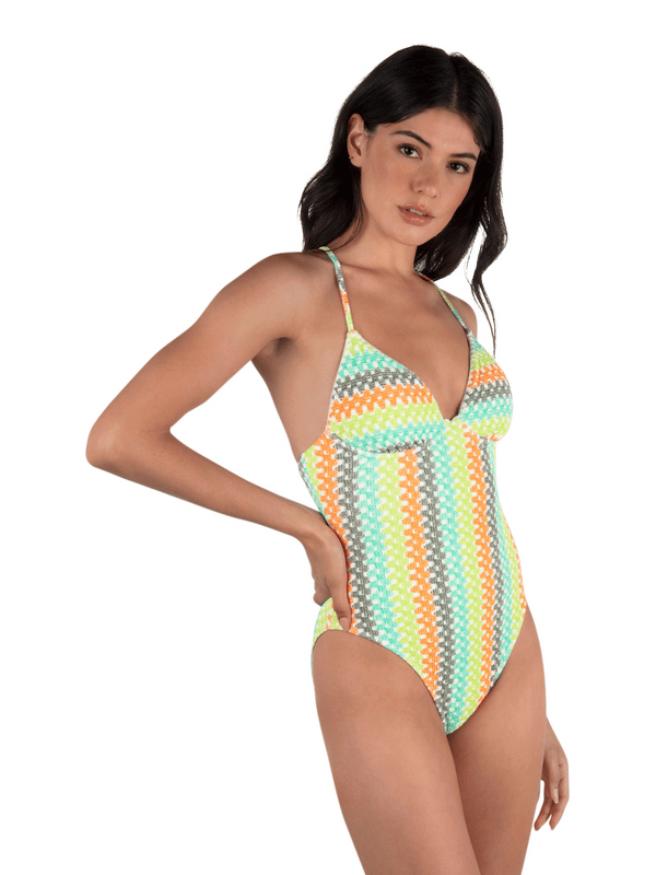 Hurley Stripe Crochet Scrunch Moderate One Piece Sour Apple