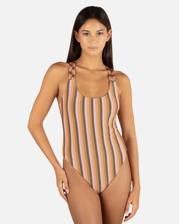 Hurley Sunset Shine Stripe Moderate Crossback One Piece Sunrise Pink