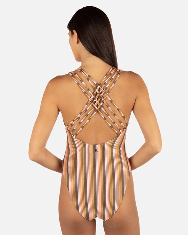 Hurley Sunset Shine Stripe Moderate Crossback One Piece Sunrise Pink