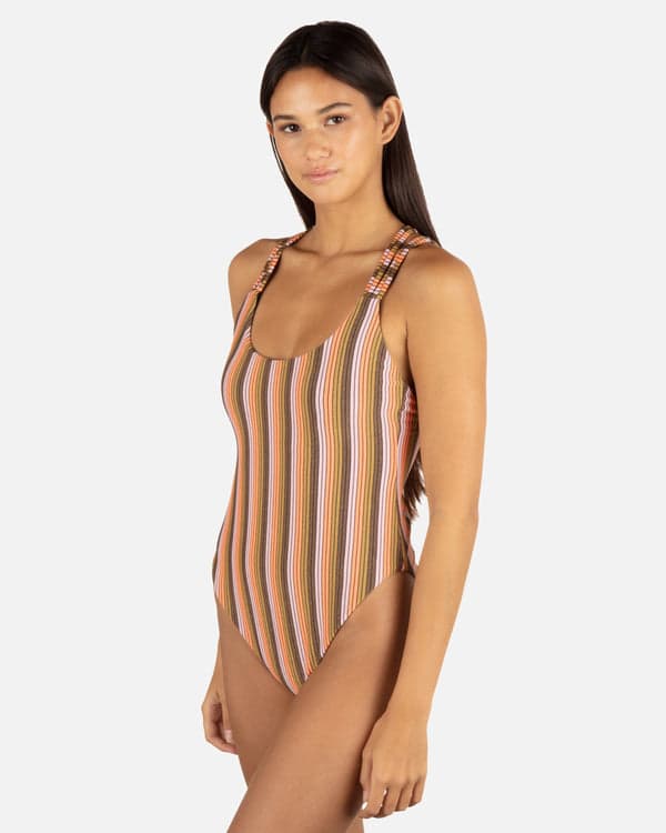 Hurley Sunset Shine Stripe Moderate Crossback One Piece Sunrise Pink