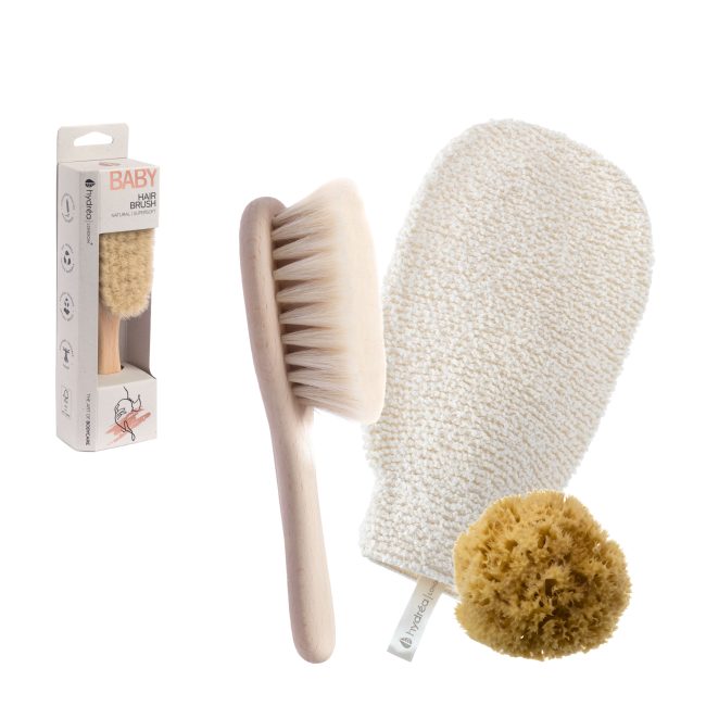 hydréa london Baby Bliss Bed + Bath Newborn Gift Set – Baby Brush + Sea Sponge + Bamboo Wash Mitt