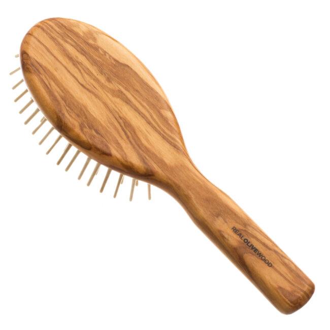 Hydréa London Premium Olive Wood Hair Brush With Long Wooden Pins & No-Pull Cushion – Deep Detangle & Anti-Static