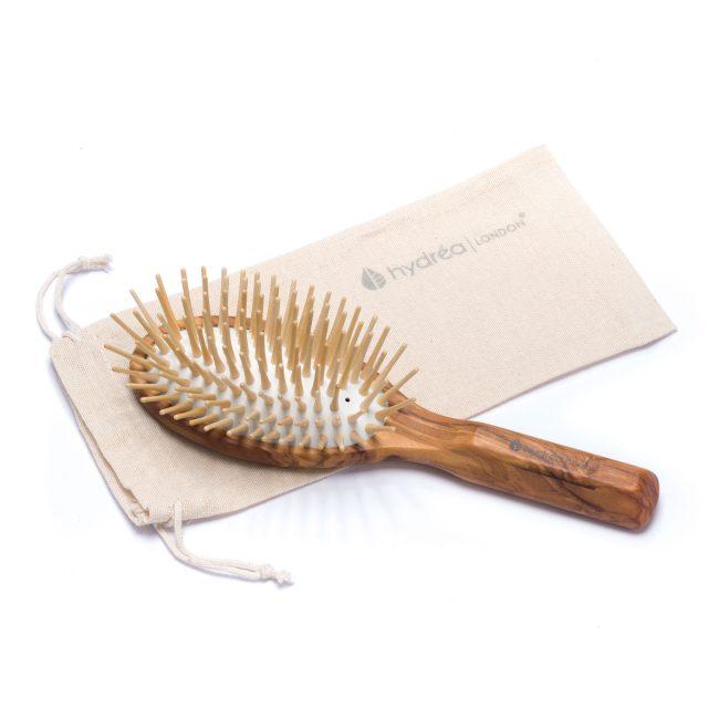 Hydréa London Premium Olive Wood Hair Brush With Long Wooden Pins & No-Pull Cushion – Deep Detangle & Anti-Static