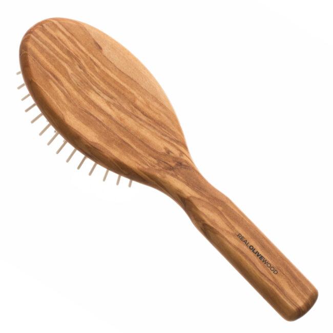 Hydréa London Premium Olive Wood Hair Brush With Wooden Pins & No-Pull Cushion – Detangle & Anti-Static