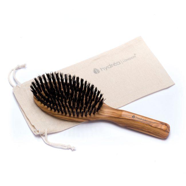 Hydréa London Premium Olive Wood Styling Hair Brush With Pure Boar Bristles – Smooth & Shine
