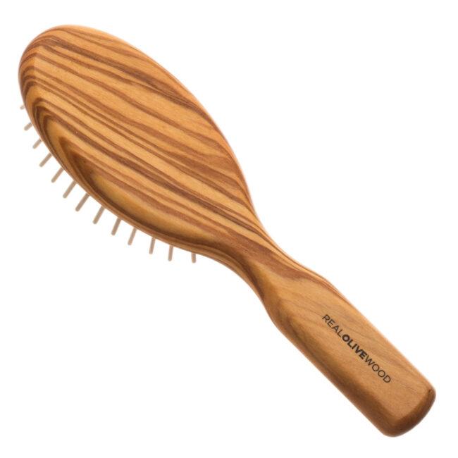 Hydréa London Premium Olive Wood Travel Hair Brush With No-Pull Cushion – Detangle & Anti-Static