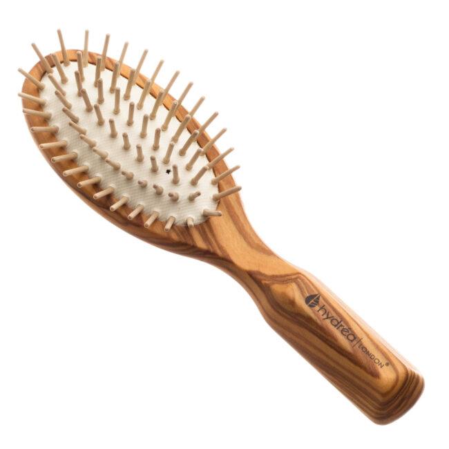 hydréa london Premium Olive Wood Travel Hair Brush with No-Pull Cushion – Detangle & Anti-Static