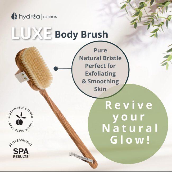 Hydréa London Premium Olive Wood Wet & Dry Body Brush With Long Detachable Handle + Natural Bristle
