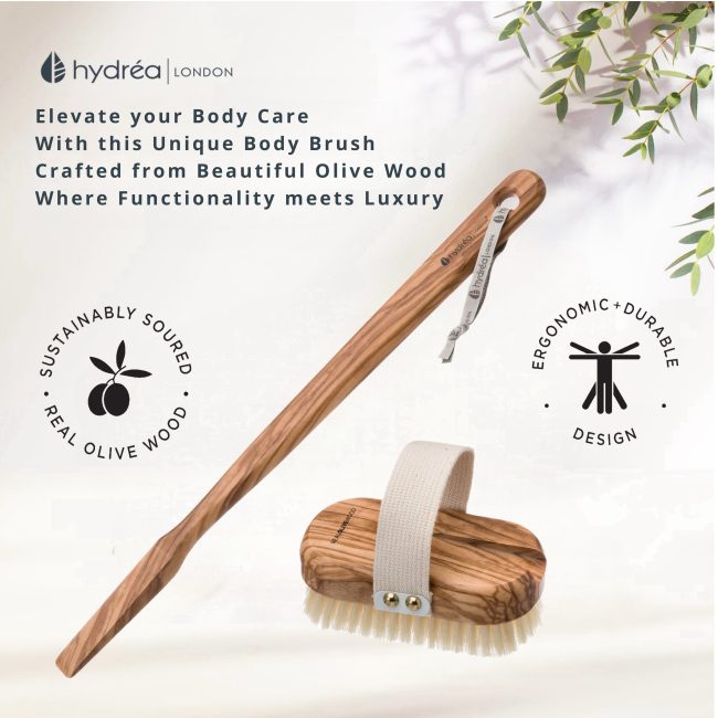 Hydréa London Premium Olive Wood Wet & Dry Body Brush With Long Detachable Handle + Natural Bristle
