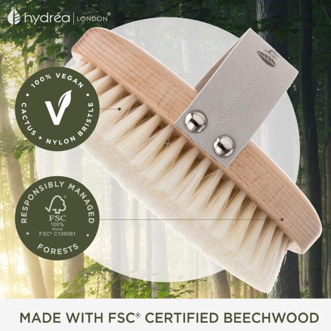 Hydréa London Professional Vegan Dry Body Brush FSC® Certified Beechwood – Cactus & Nylon Bristle