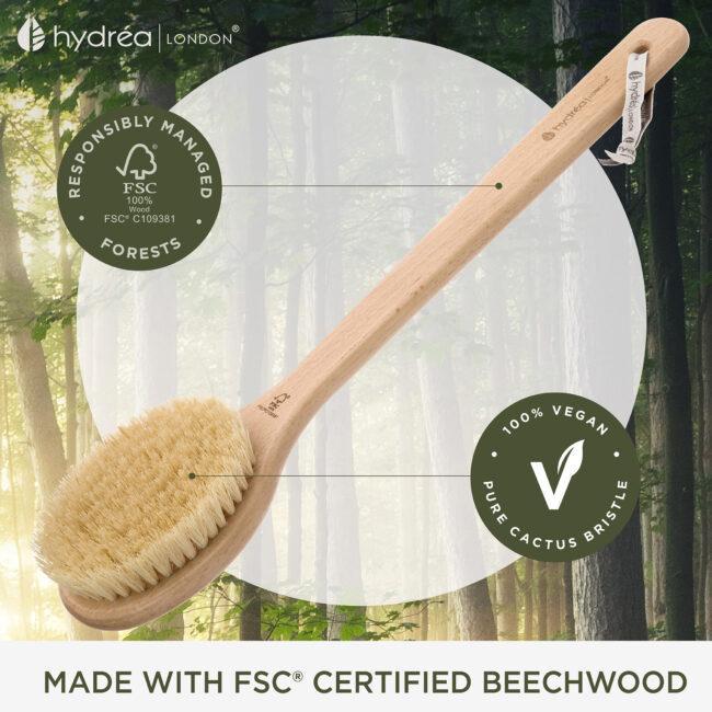 Hydréa London Vegan Long-Handled Dry Body Brush – FSC® Certified Beechwood With Cactus Bristle