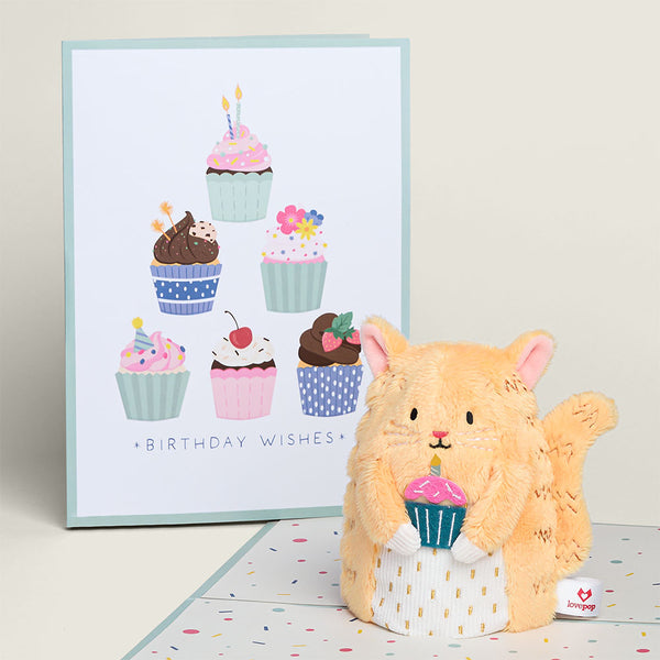 I Love Pop 'Birthday Wishes' Cupcake Cat Plushpop Card And Bouquet Bundle
