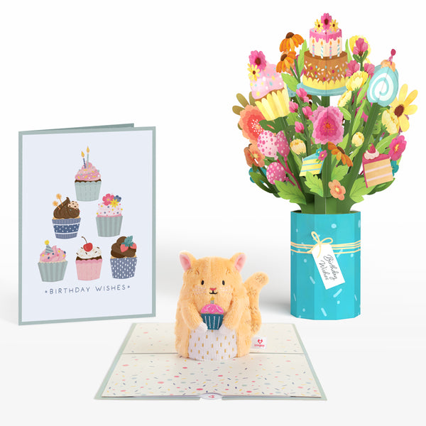 i love pop 'Birthday Wishes' Cupcake Cat Plushpop Card and Bouquet Bundle