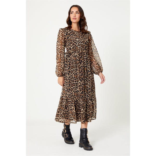 i saw it first Frill Animal Print Chiffon Midi Dress