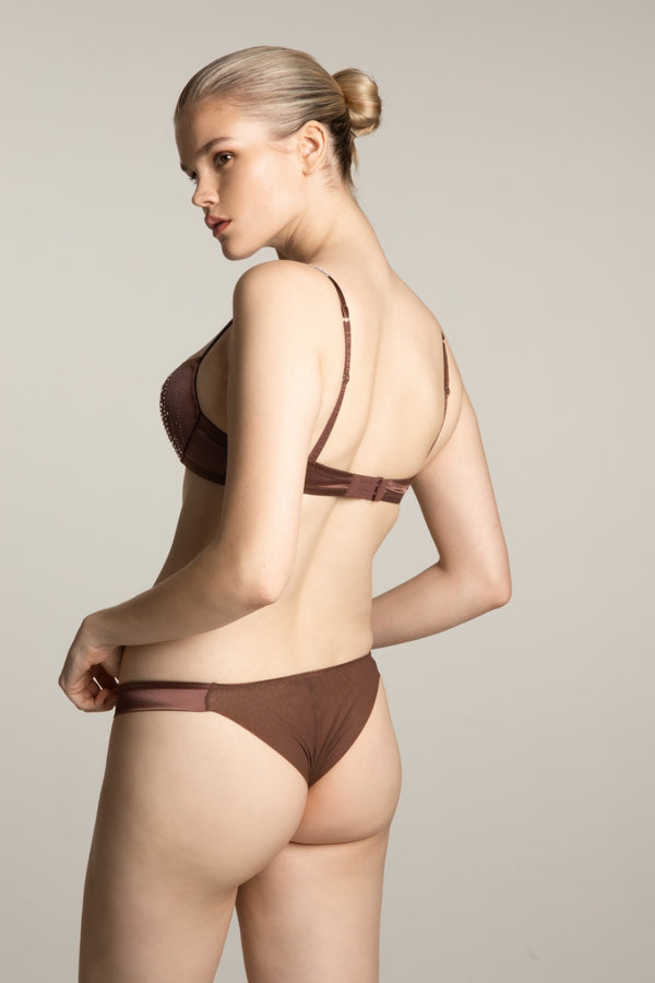 I.D. Sarrieri Crystals Embellished Lace Thong In Chocolate