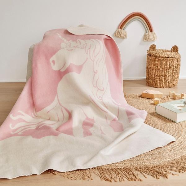 ibena Adorable Pink Unicorn Midi Sized Cotton Blend Kids Blanket